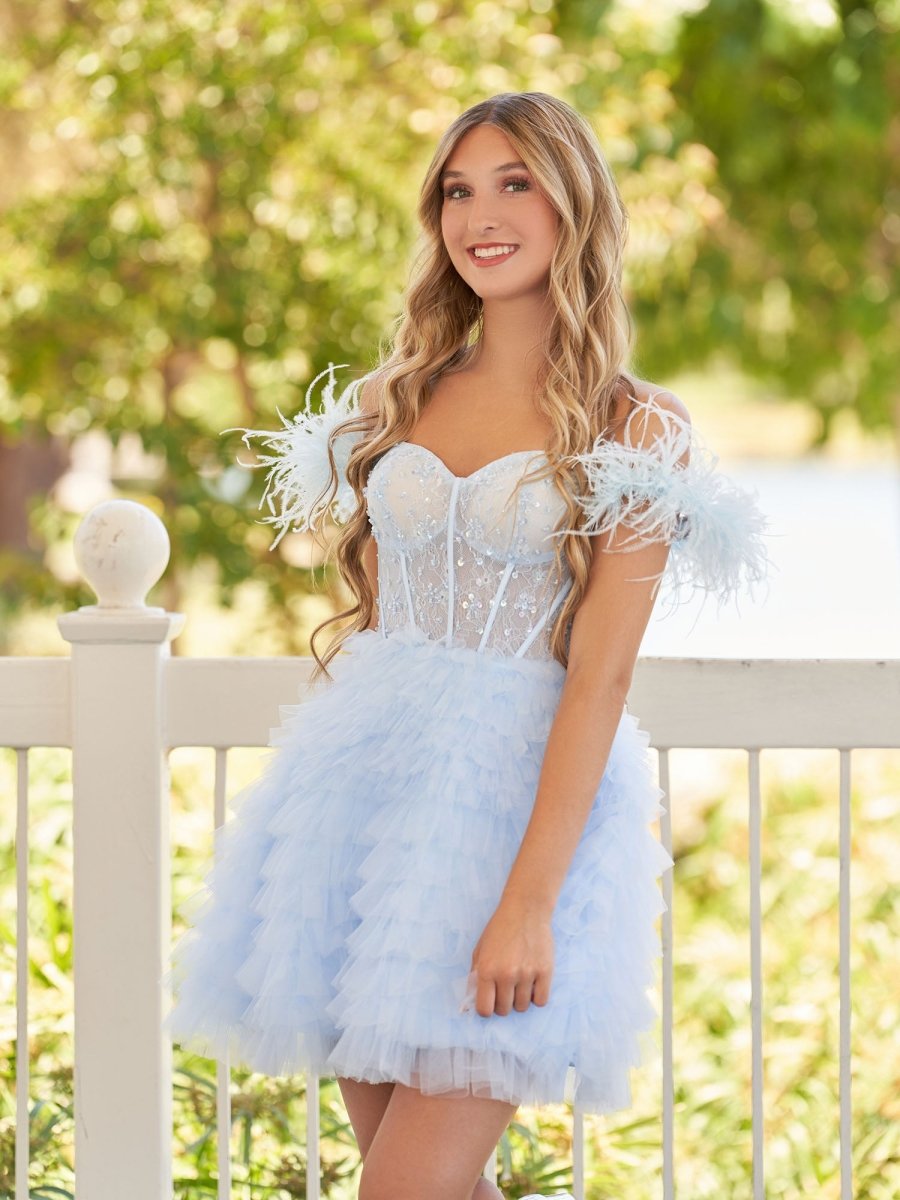 Sevoba|A Line Off the Shoulder Sky Blue Homecoming Dress with Feather