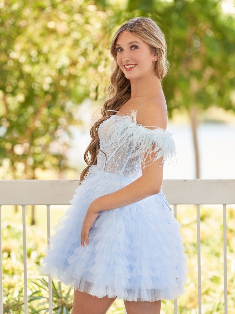 Sevoba|A Line Off the Shoulder Sky Blue Homecoming Dress with Feather