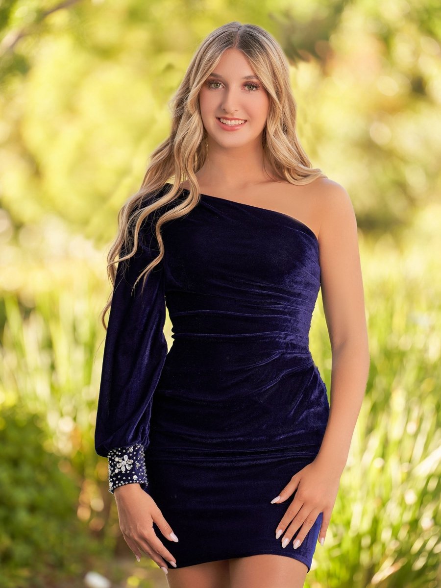 Sevoba|Navy Blue Sheath One-Shoulder Long Sleeve Homecoming Dress