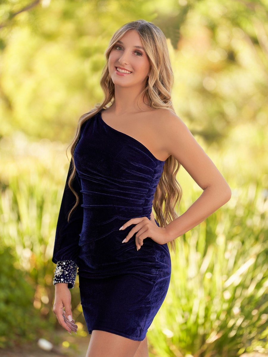 Sevoba|Navy Blue Sheath One-Shoulder Long Sleeve Homecoming Dress