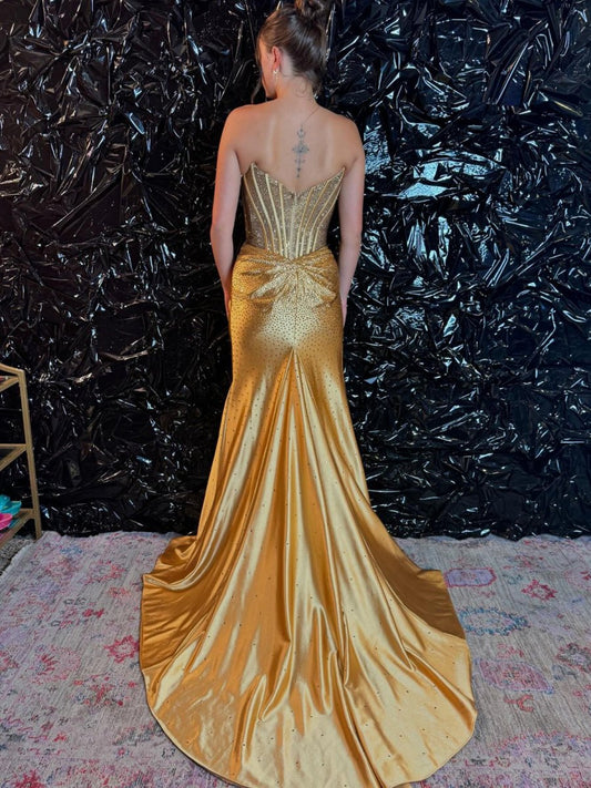 Sevoba|Mermaid Gold Satin Corset Long Prom Dresses with Slit