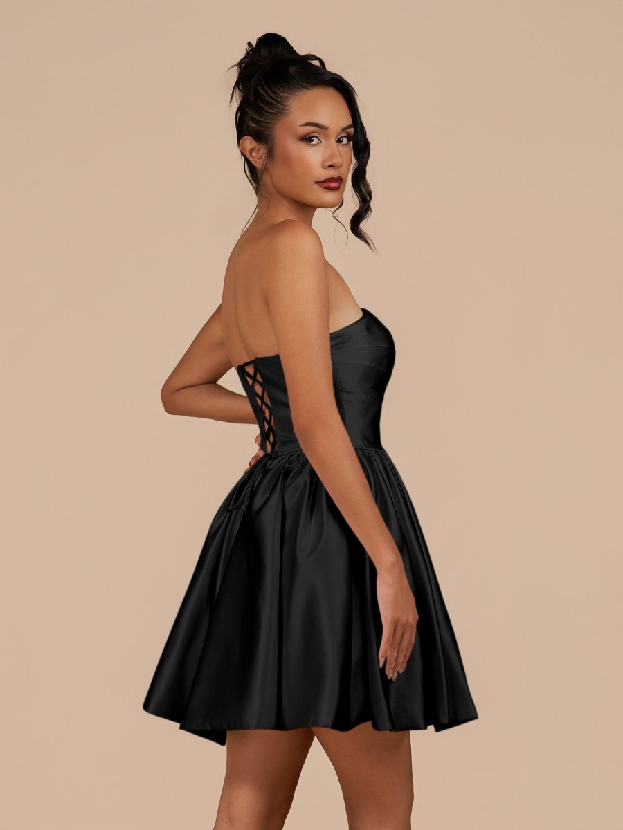 Sevoba|Black - A Line Satin Square Neck Puffed Sleeves Short Homecoming Dresses