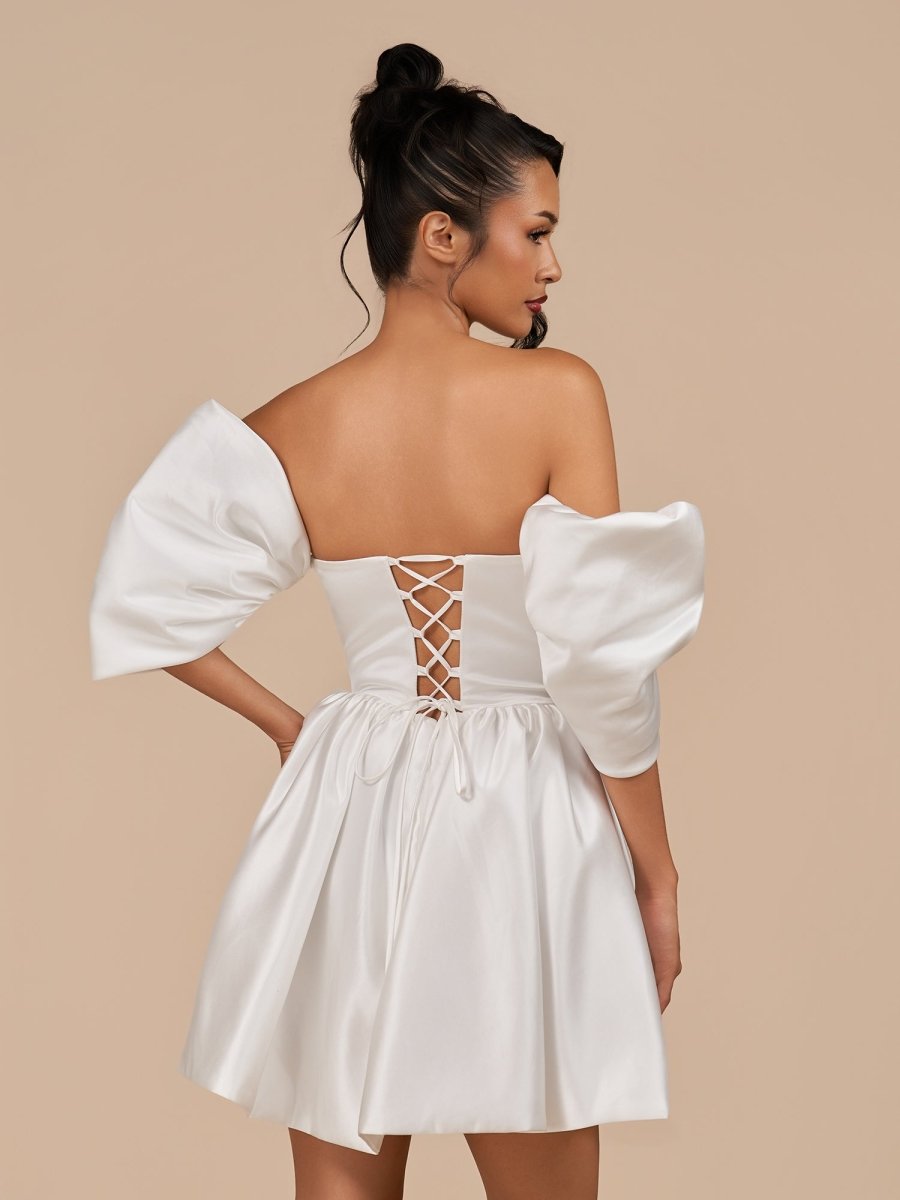 Sevoba|Ivory - A Line Satin Square Neck Puffed Sleeves Short Homecoming Dresses