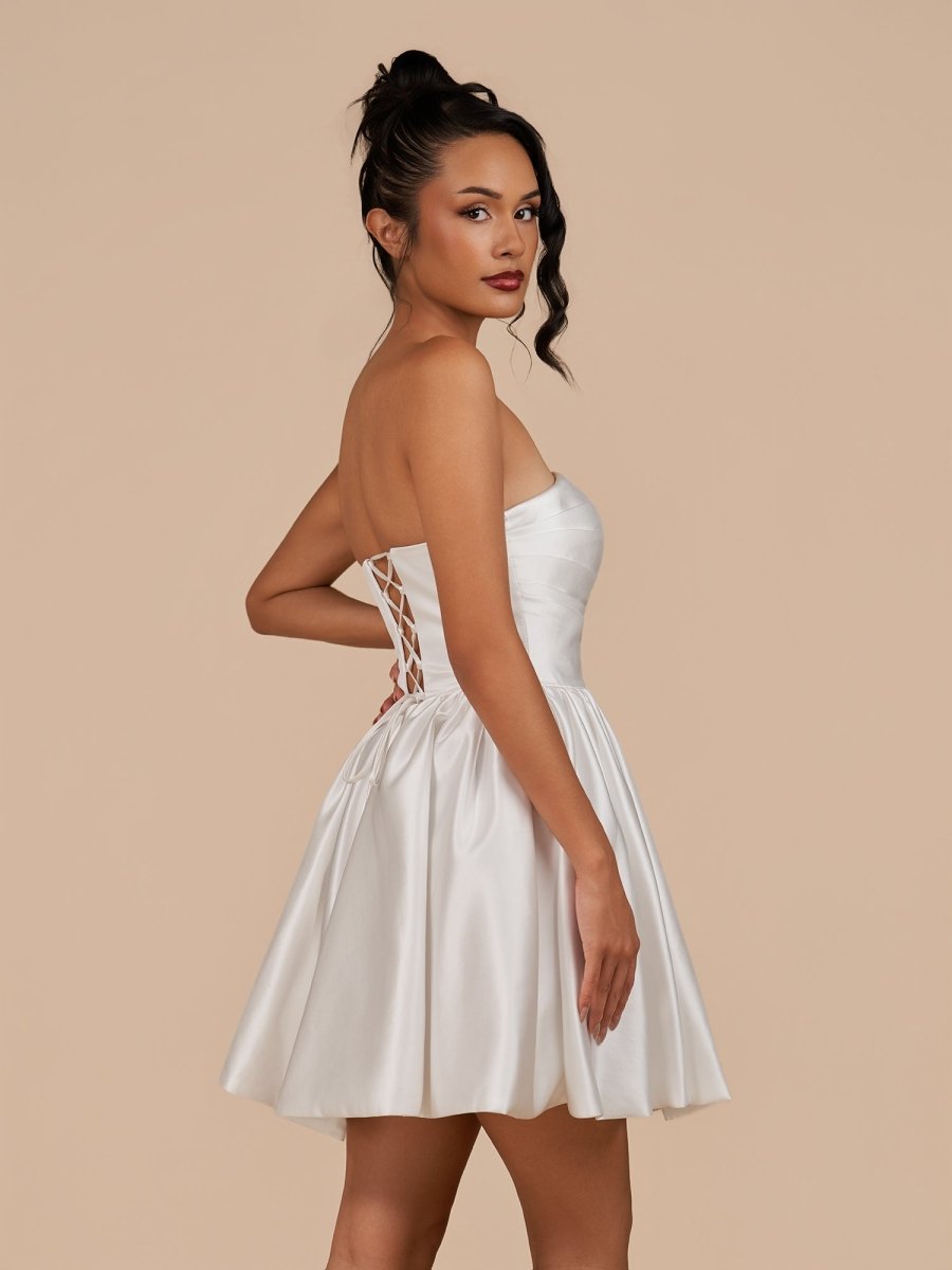Sevoba|Ivory - A Line Satin Square Neck Puffed Sleeves Short Homecoming Dresses