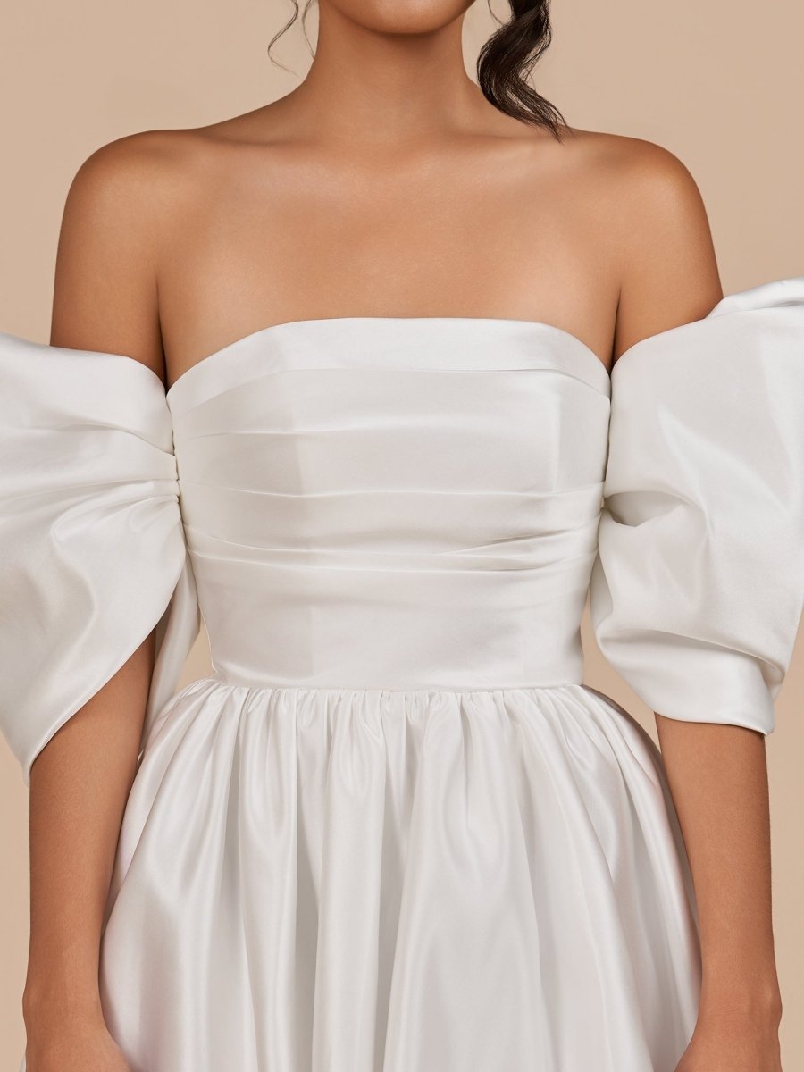 Sevoba|Ivory - A Line Satin Square Neck Puffed Sleeves Short Homecoming Dresses