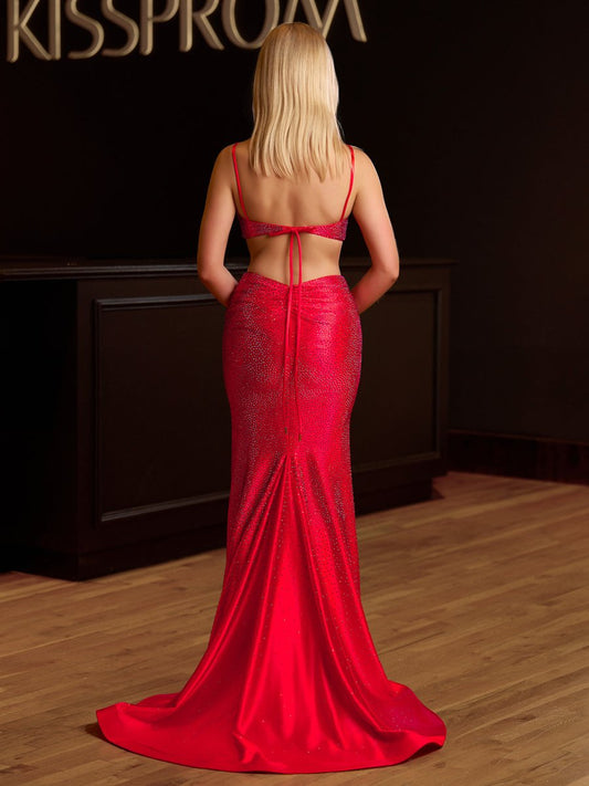 Petra | Red Spaghetti Straps Cutout Beaded Mermaid Long Dress With Split