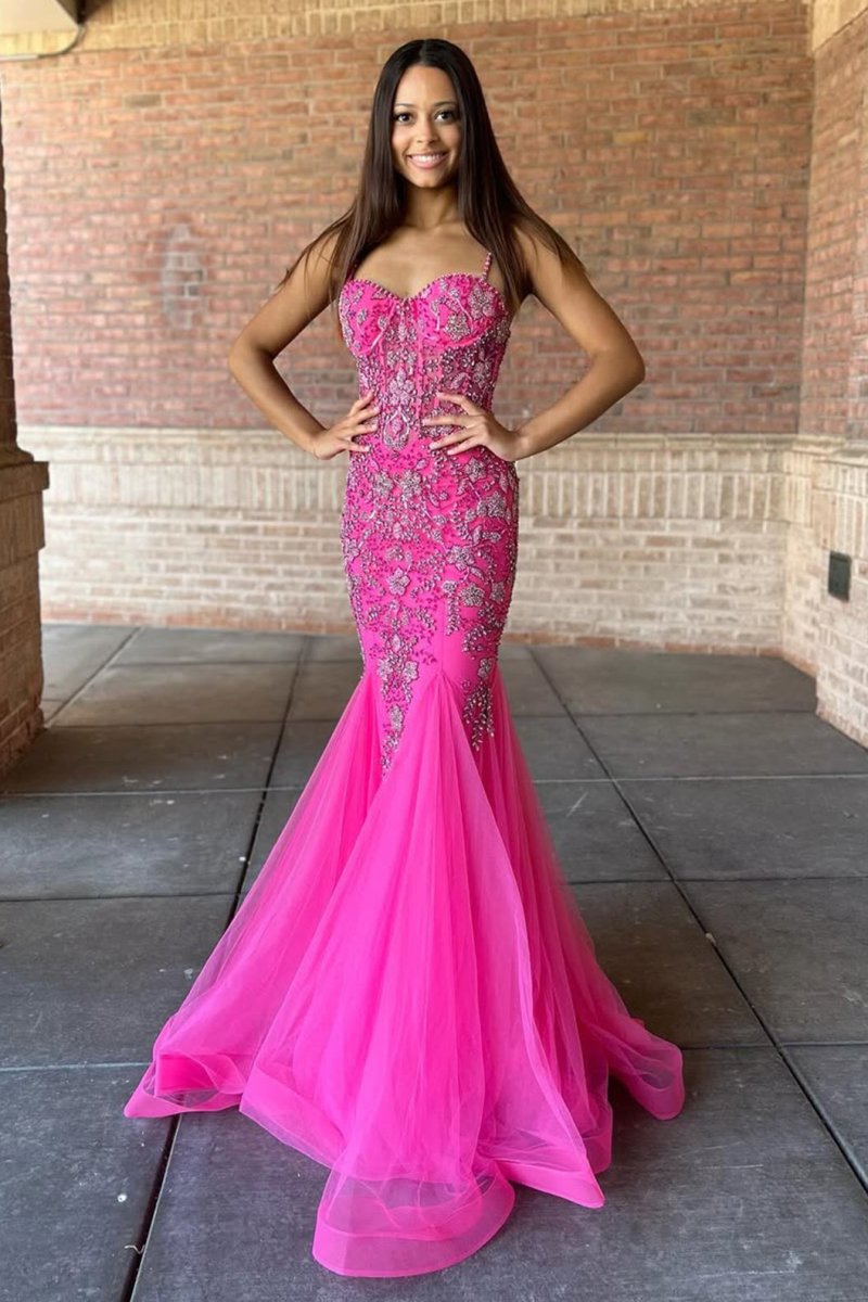 Oakleigh | Pink Beaded Spaghetti Strap Trumpet Long Gown