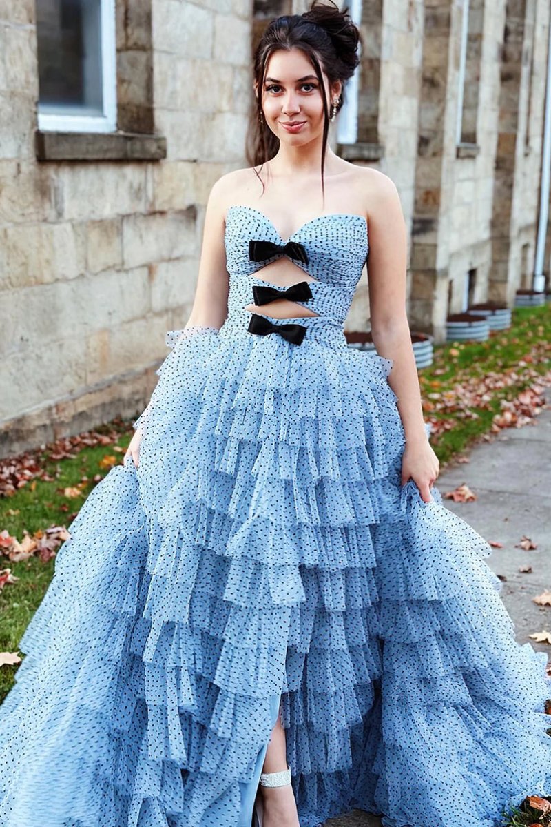 Polka Dot Strapless Ruffle Tiered Prom Gown with Keyholes