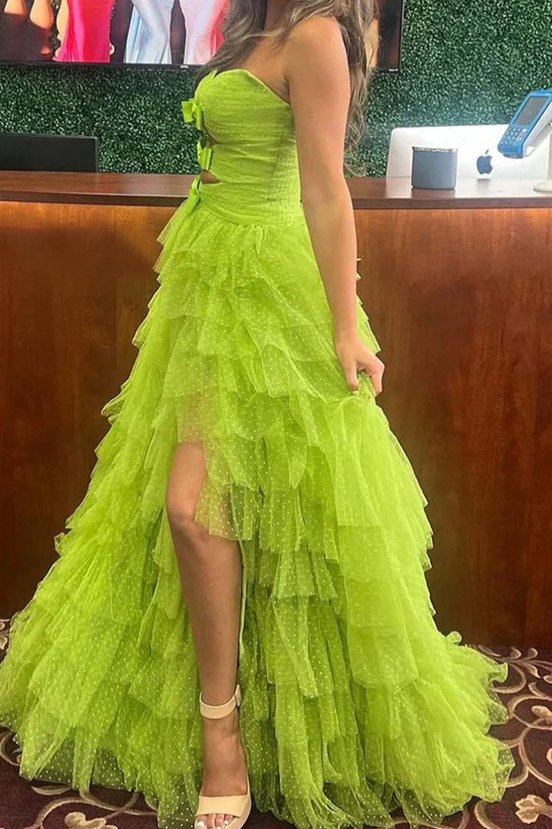 Polka Dot Strapless Ruffle Tiered Prom Gown with Keyholes