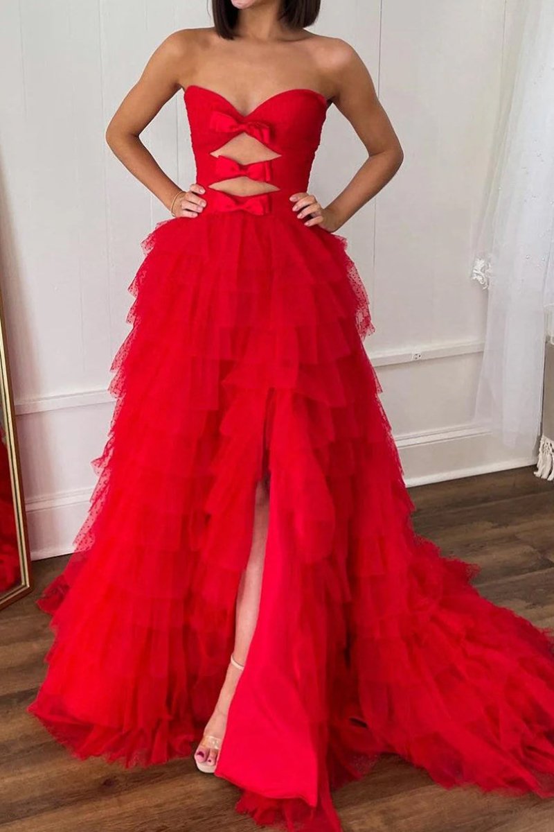 Polka Dot Strapless Ruffle Tiered Prom Gown with Keyholes