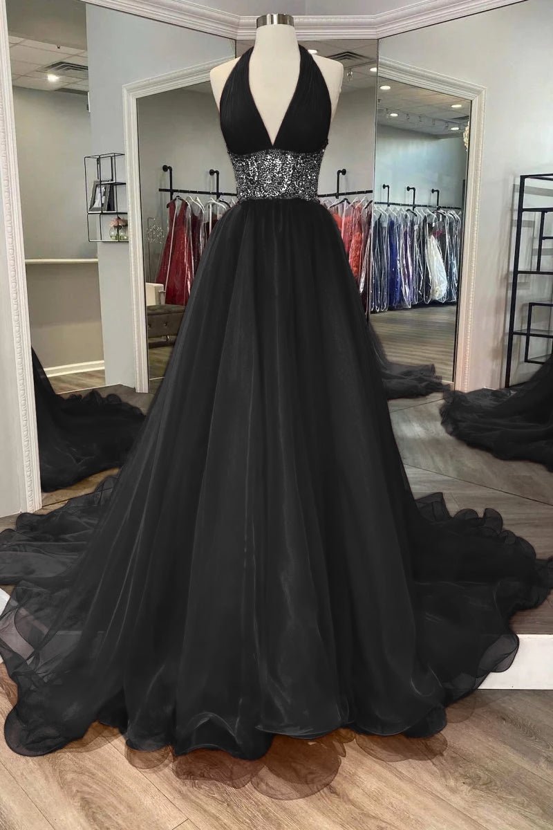 Red Beaded Halter Backless A-Line Long Prom Gown