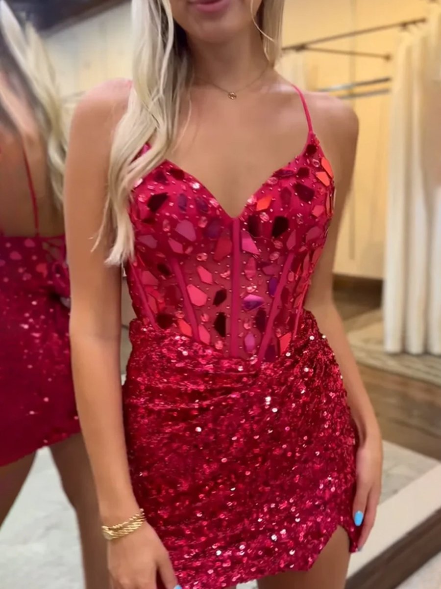 Sevoba|Mirror-Cut Sequins Halter Sheath V Neck Homecoming Dress