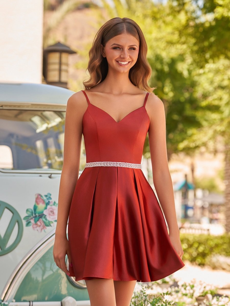 Sevoba|Rust - A Line Beaded V Neck Ruffled Homecoming Dresses