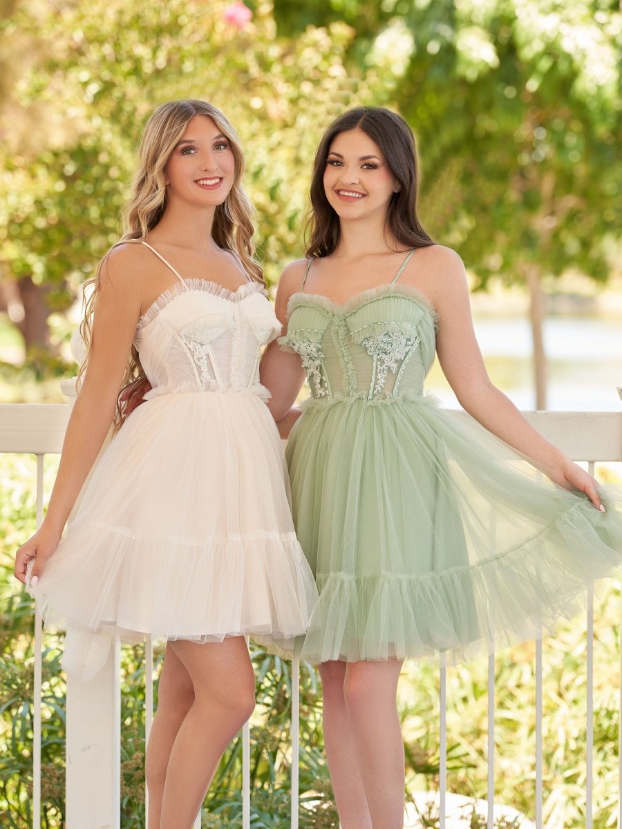 Sevoba|Spaghetti Straps Tulle Lace Appliques Short Prom Dresses With Bow