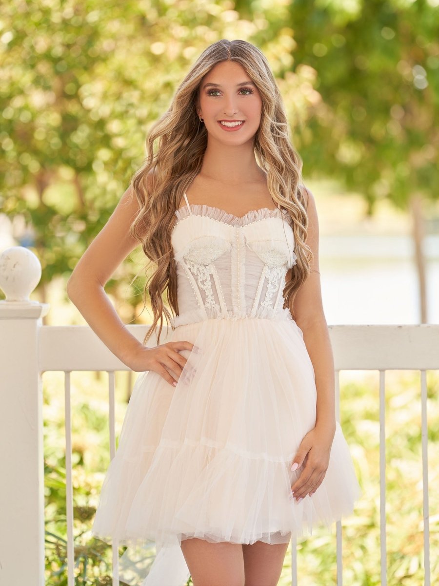 Sevoba|Spaghetti Straps Tulle Lace Appliques Short Prom Dresses With Bow
