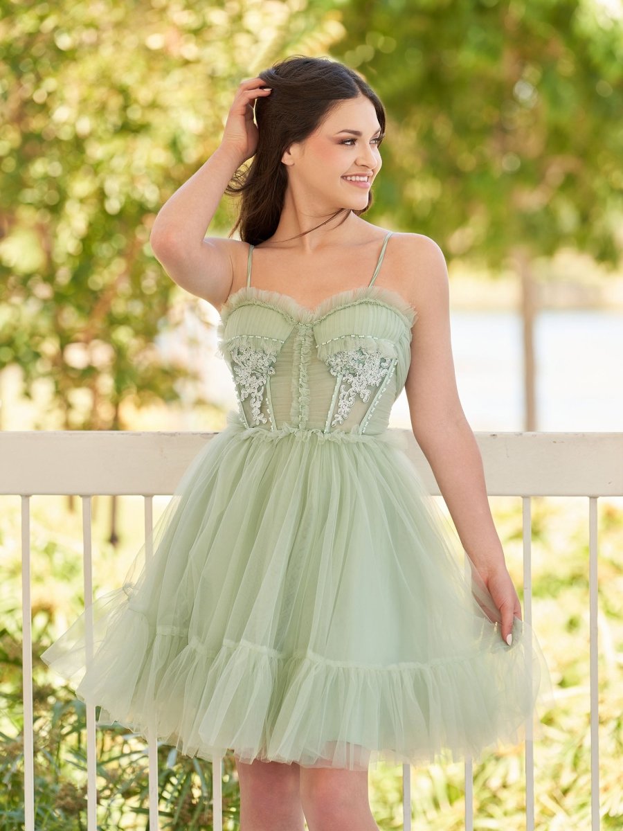 Sevoba|Spaghetti Straps Tulle Lace Appliques Short Prom Dresses With Bow