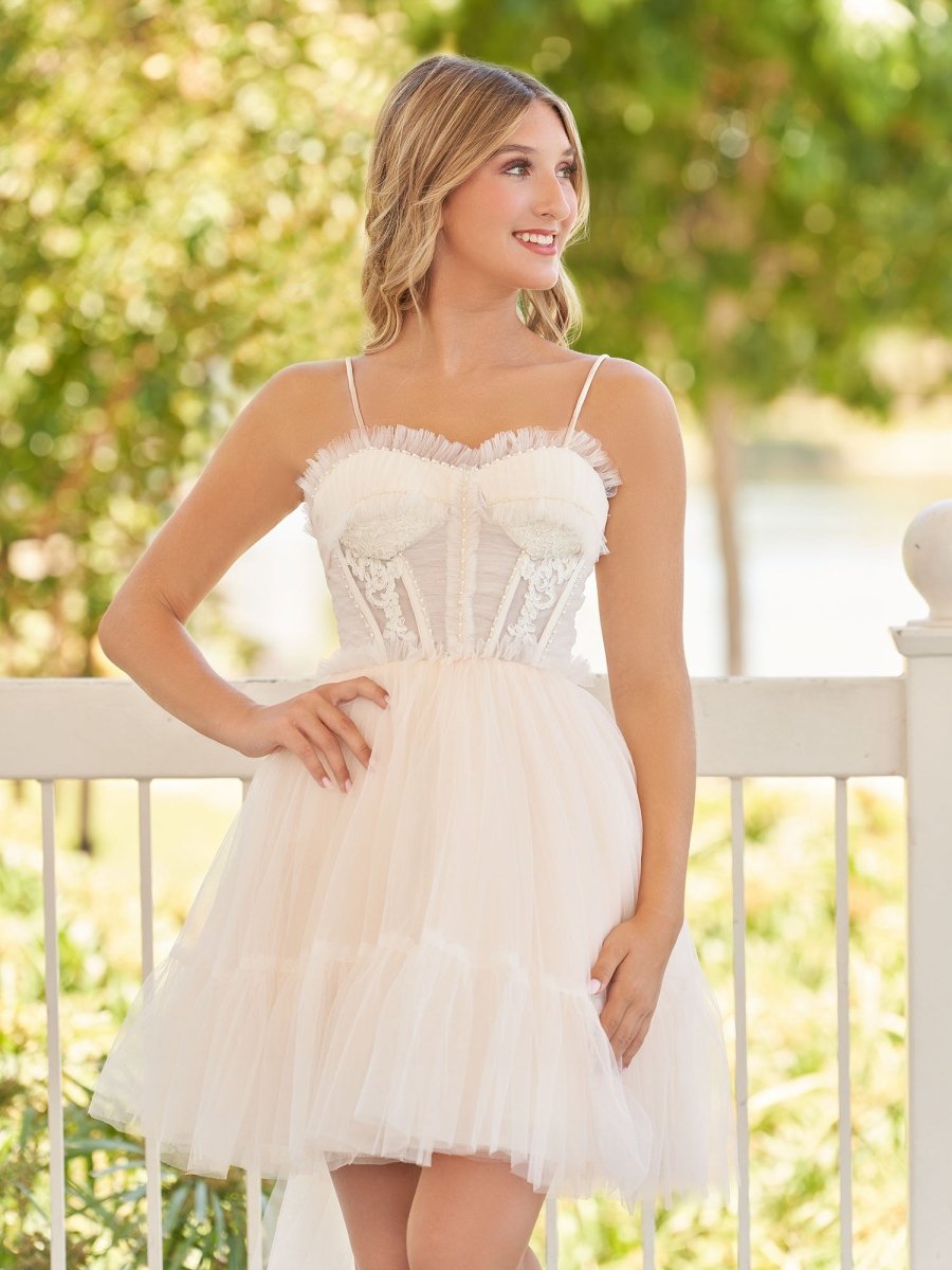 Sevoba|Spaghetti Straps Tulle Lace Appliques Short Prom Dresses With Bow