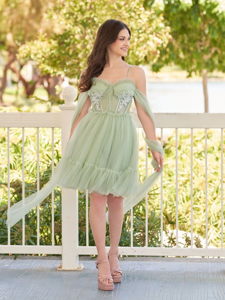 Sevoba|Spaghetti Straps Tulle Lace Appliques Short Prom Dresses With Bow