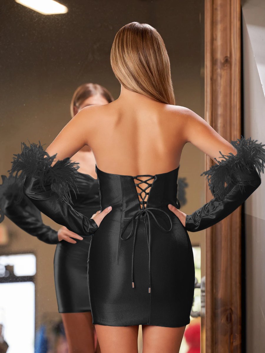 Sevoba|Sheath Satin Strapless Fitted Homecoming Dress with Long Sleeves