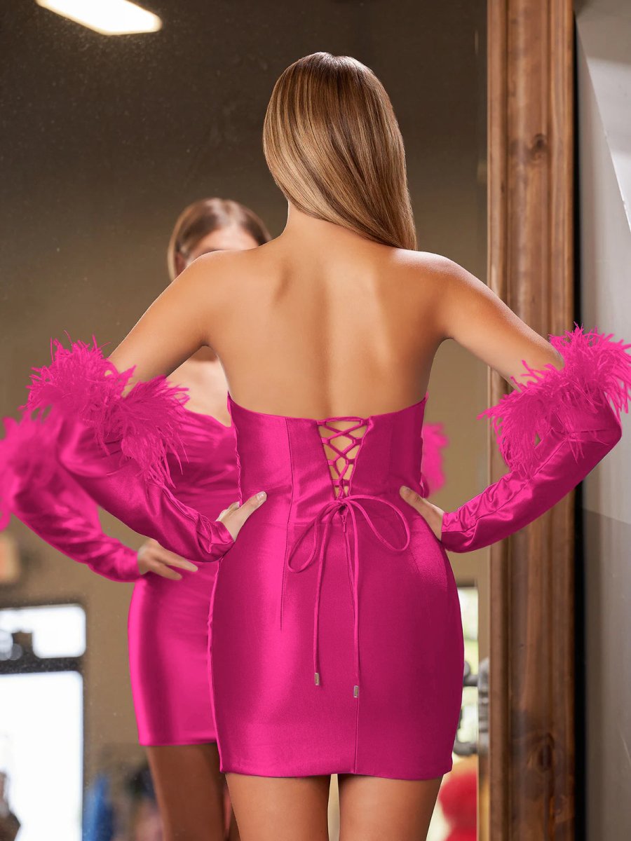 Sevoba|Sheath Satin Strapless Fitted Homecoming Dress with Long Sleeves