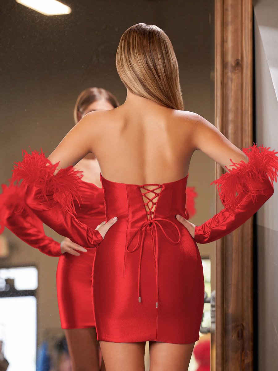 Sevoba|Sheath Satin Strapless Fitted Homecoming Dress with Long Sleeves