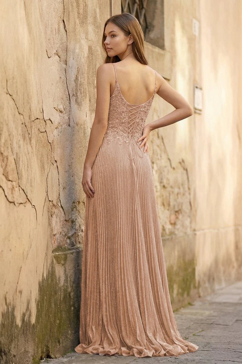 V Neck Applique Lace Pleated A-Line Prom Dress with Lace-Up Back | Sevoba