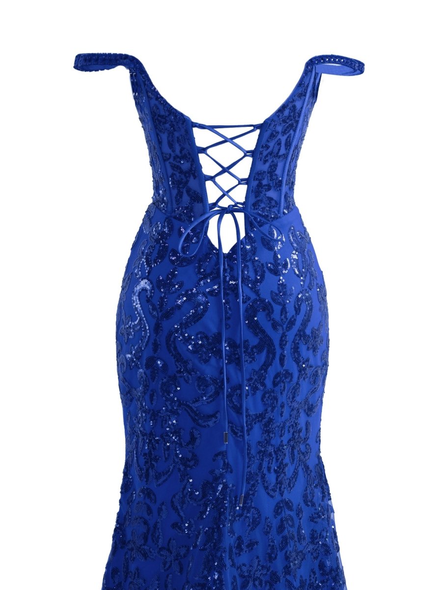 Sevoba|Sparkly Blue Sheath Sequins Long Prom Dress with Slit