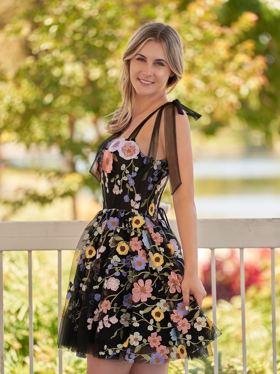 Sevoba|A-Line Black Short Homecoming Dress with 3D Flowers