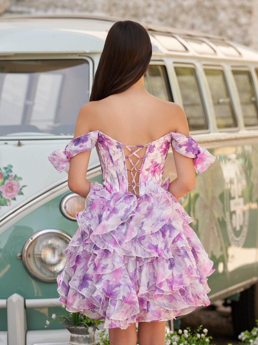 Sevoba|Purple - A Line Off the Shoulder Floral Ruffles Short Homecoming Dresses