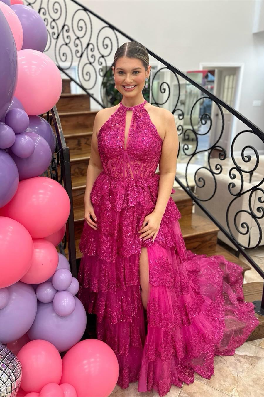 Seraphine | High Neck Sleeveless Empire Lace Tiered Long Formal Dress