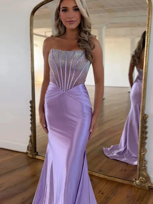 Serin | Purple Strapless Mermaid Satin Long Prom Dress With Beading