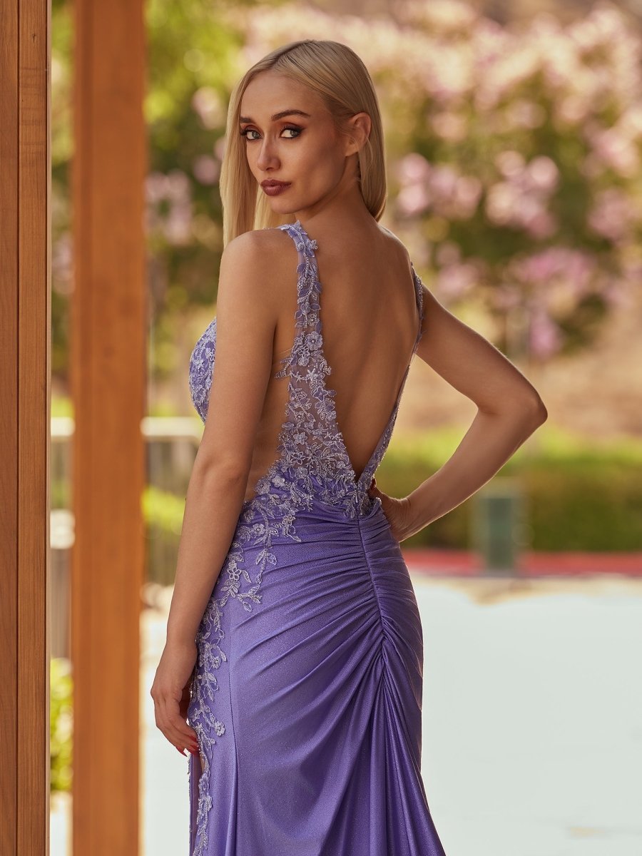 Sevoba|Charming Mermaid V Neck Sage Green Slit Prom Dresses with Appliques