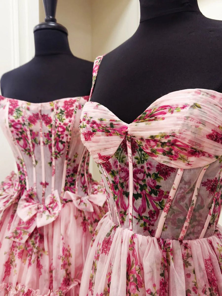 Sosi | Pink Sweetheart A Line Floral Printed Chiffon Long Prom Dress With Bow