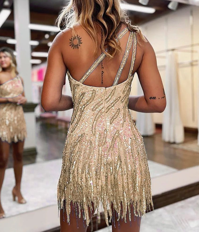 Isenia | Sparkly Blue One Shoulder Sequins Tight Short Hoco Dress with Fringes