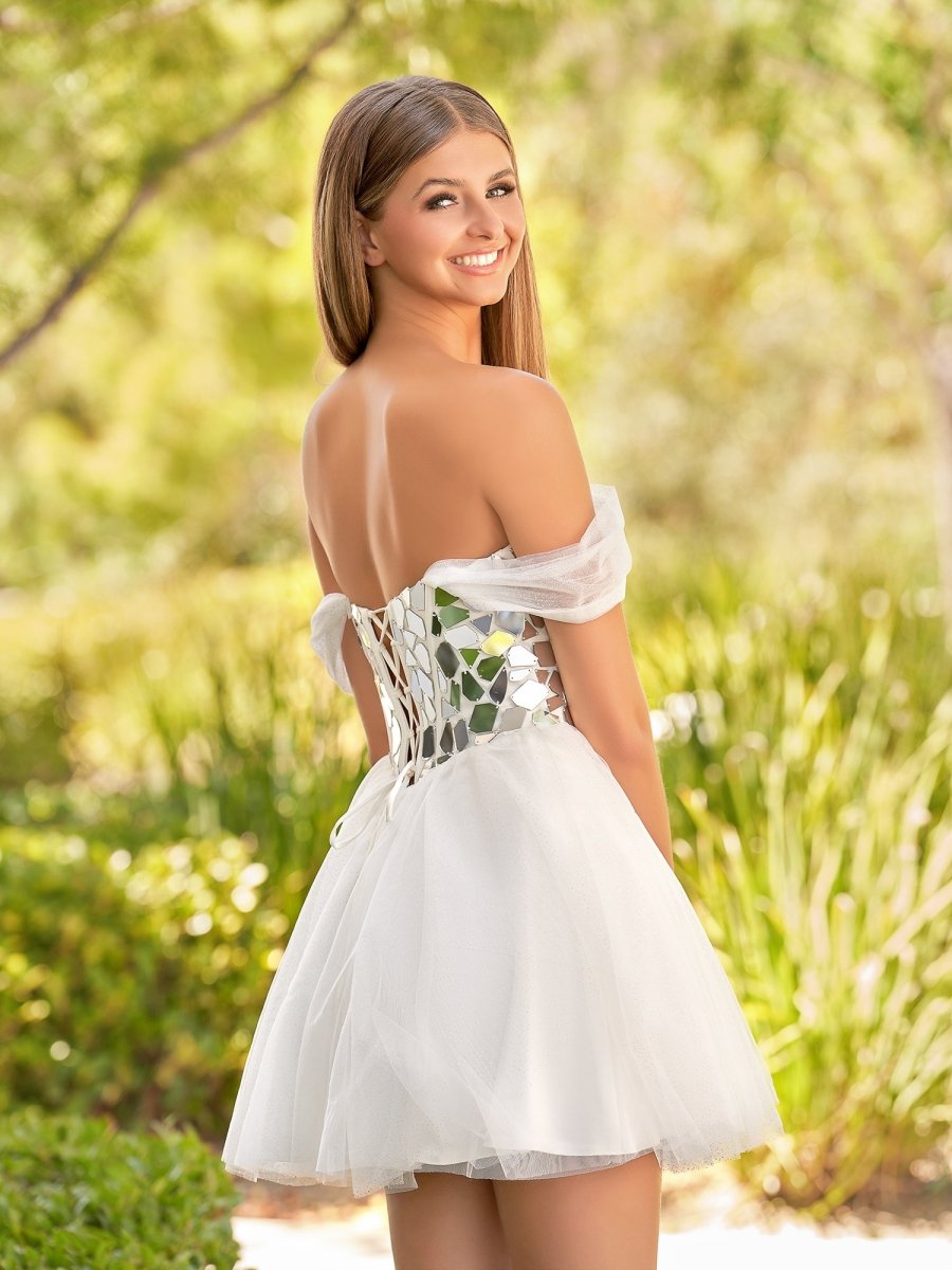 Sevoba|White Off-the-Shoulder Short Party Dress with Cut Glass Mirrors
