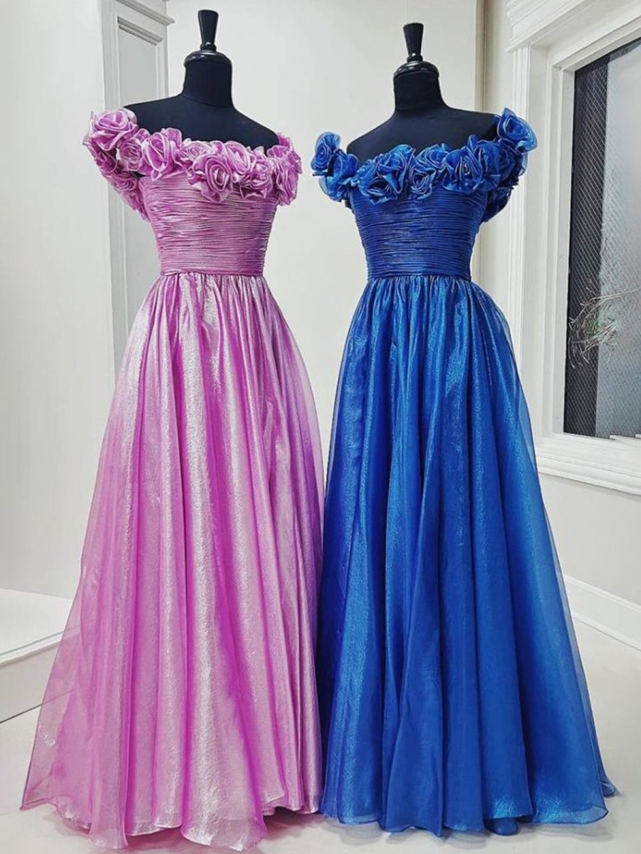 Teodora | Royal Blue Off the Shoulder A-Line Prom Dress with 3D Floral
