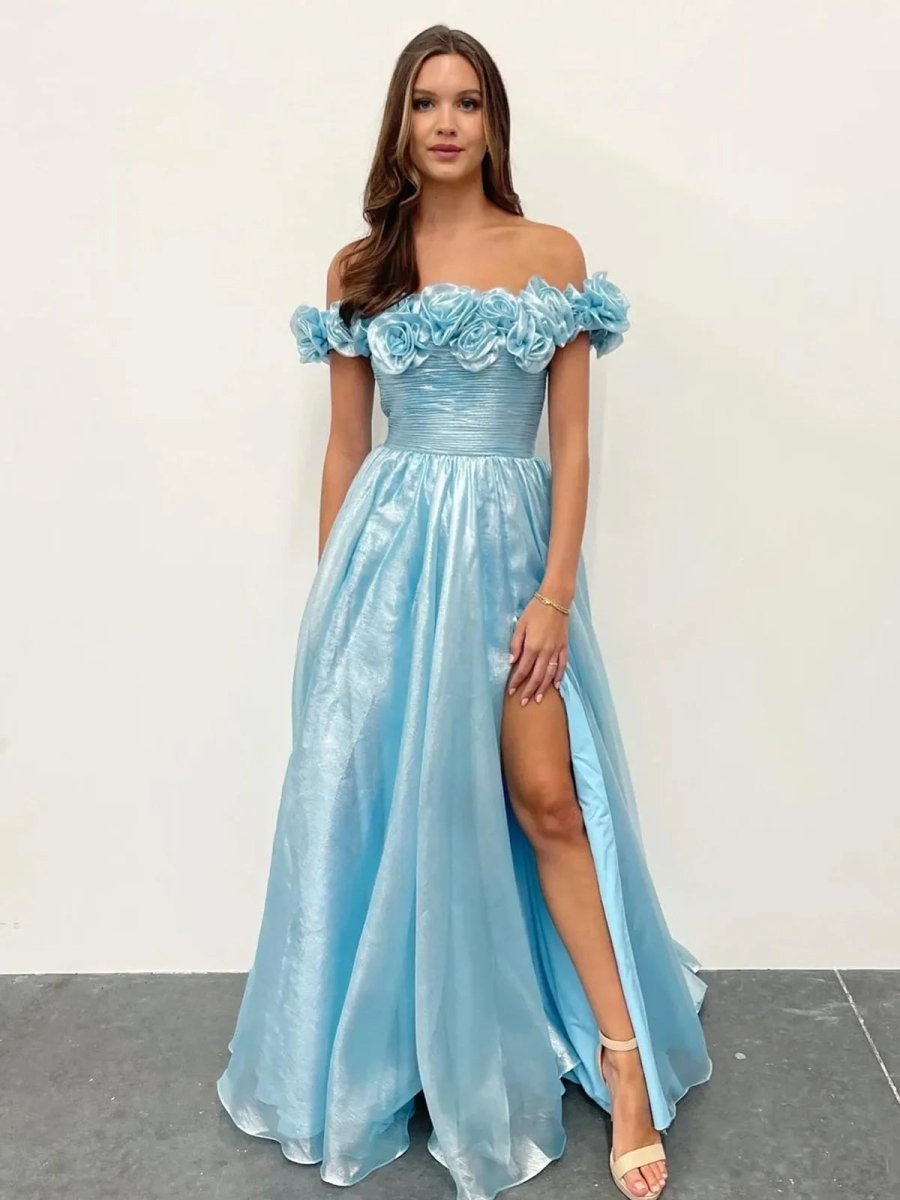 Teodora | Royal Blue Off the Shoulder A-Line Prom Dress with 3D Floral