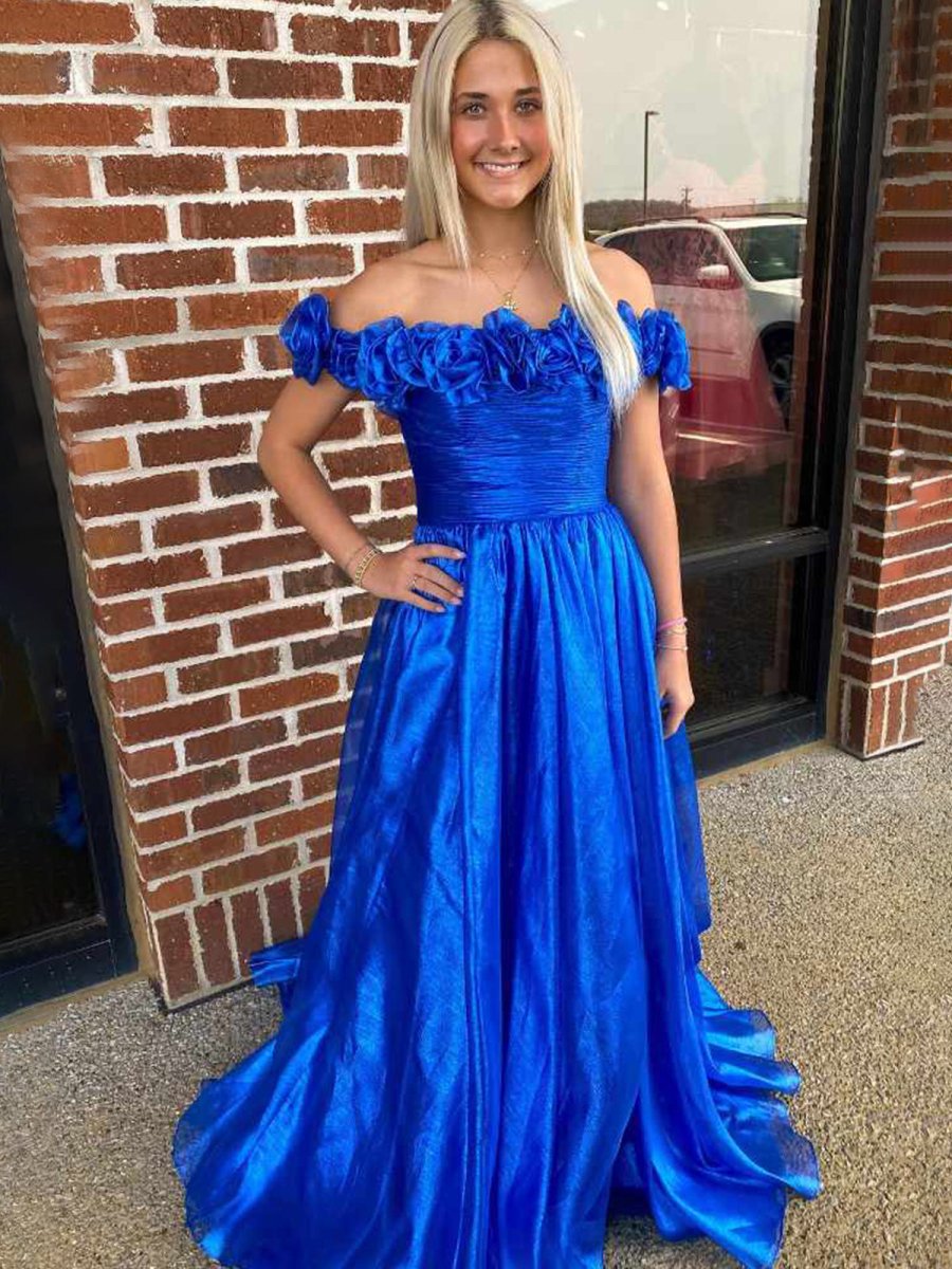 Teodora | Royal Blue Off the Shoulder A-Line Prom Dress with 3D Floral