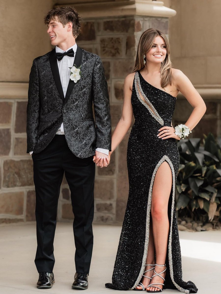 Orange One Sholder Sequins Mermaid Prom Dresses with Slit