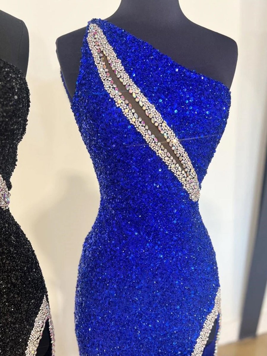 Orange One Sholder Sequins Mermaid Prom Dresses with Slit