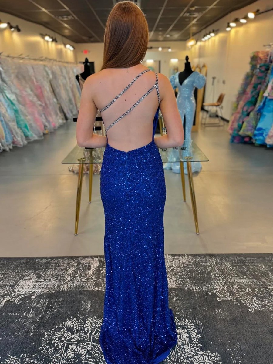 Orange One Sholder Sequins Mermaid Prom Dresses with Slit