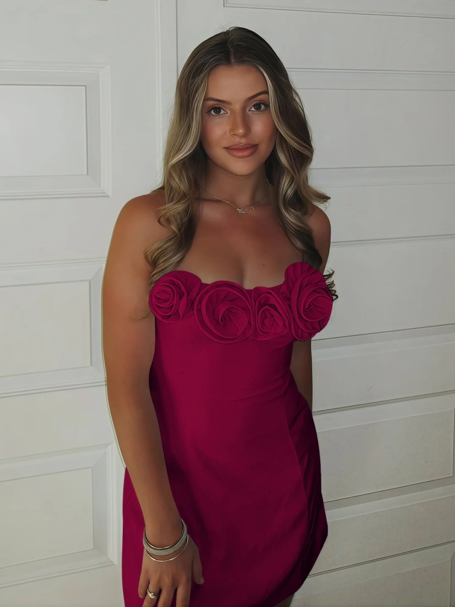 Sevoba|Fuchsia - Strapless Satin Sheath Short Homecoming Dresses With Flowers