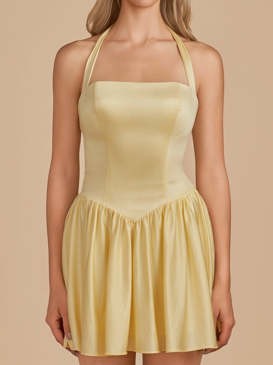 Sevoba|Yellow - Halter A Line Satin Short Homecoming Dress