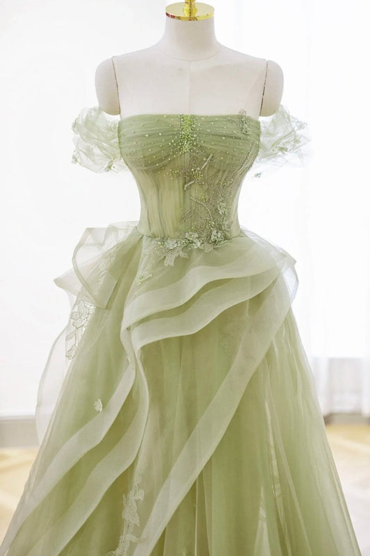 Nellie | Green Tulle Lace Long Prom Dress with Corset, Green Formal Party Dress