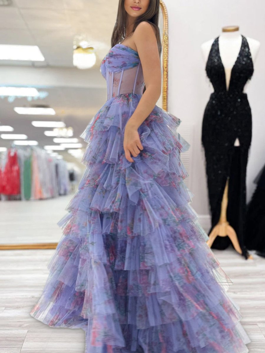 Wilda | Purple Strapless A Line Tulle Printed Ruffle Tiered Prom Dresses With Slit