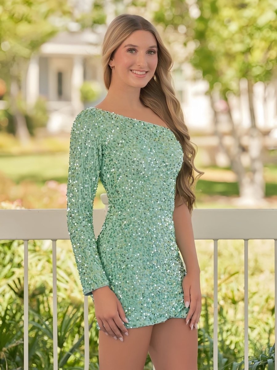 Sevoba | Sage Green Sheath One Shoulder Sequined Homecoming Dress