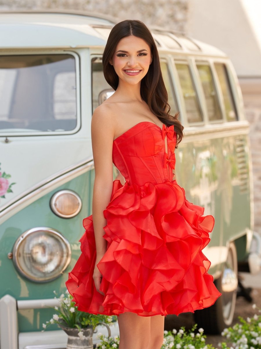 Sevoba|Red - A Line Strapless Corset Ruffles Short Homecoming Dresses with Bows