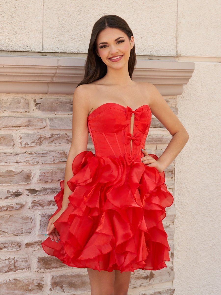 Sevoba|Red - A Line Strapless Corset Ruffles Short Homecoming Dresses with Bows
