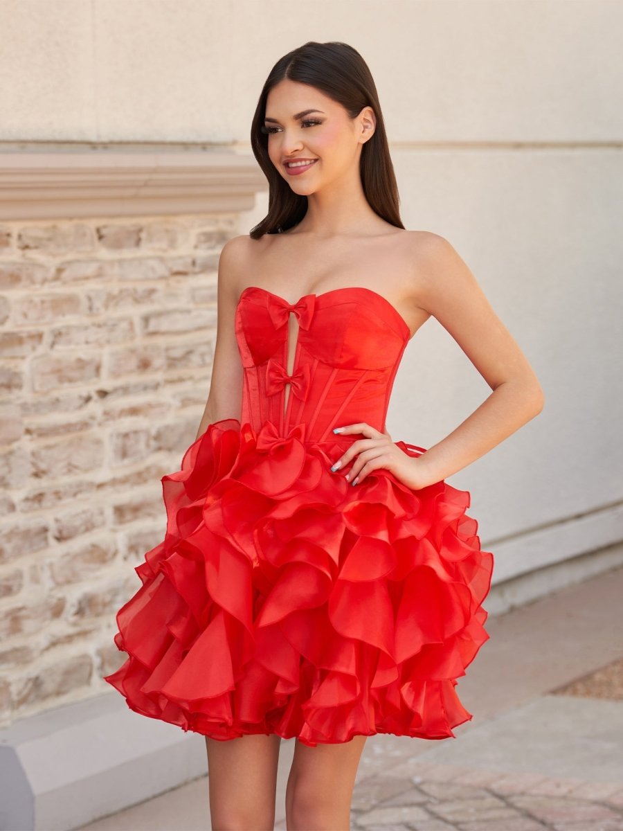 Sevoba|Red - A Line Strapless Corset Ruffles Short Homecoming Dresses with Bows
