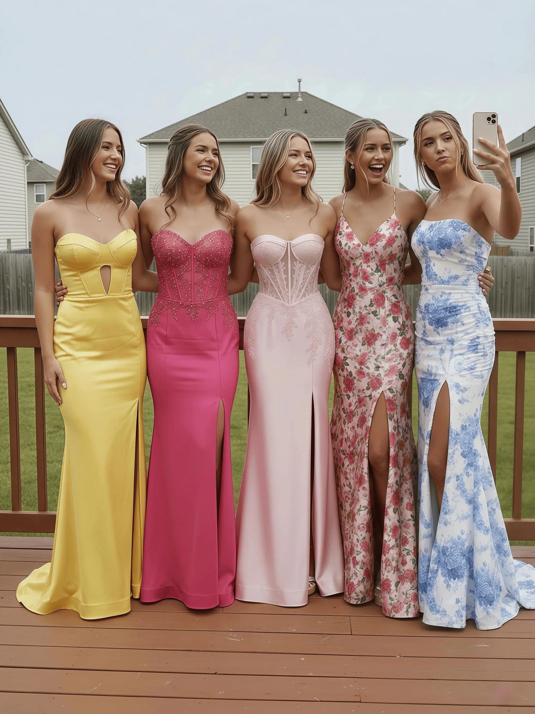 Group of young women in colorful prom dresses taking a selfie outdoors on a wooden deck